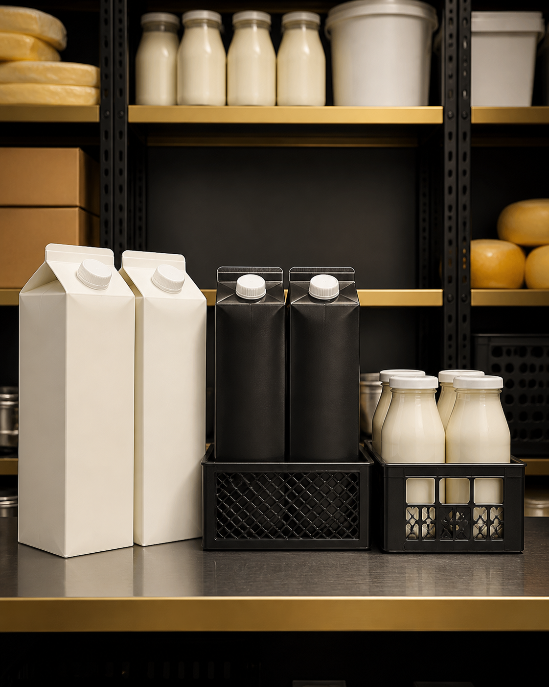 Milk and dairy supplies on a wholesale shelf